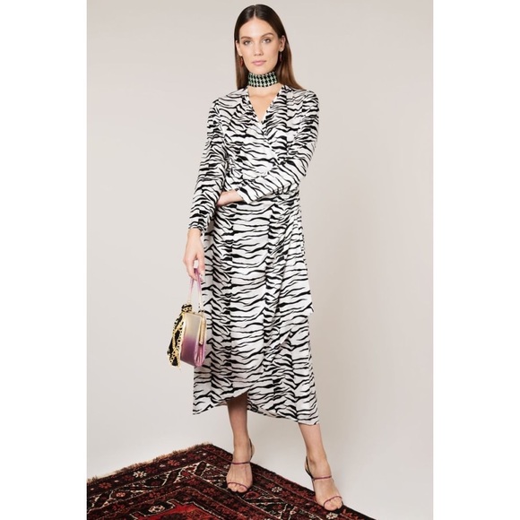 RIXO London Betty Mono Tiger Long Sleeve Wrap Dress Zebra Animal Print Women XS - Picture 5 of 14